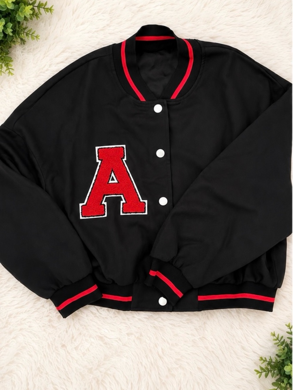 SHEIN Black Varsity Jacket with Red Trim and Letter A Patch